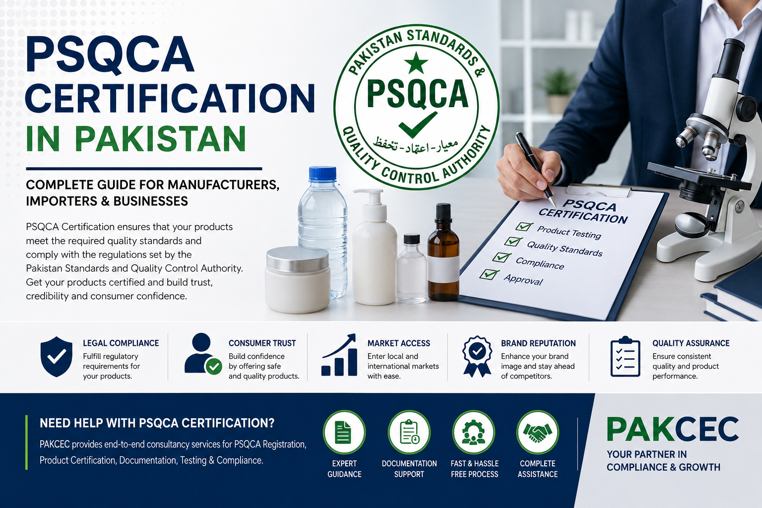 PSQCA certification consultant assisting manufacturers with product registration and quality compliance in Pakistan.