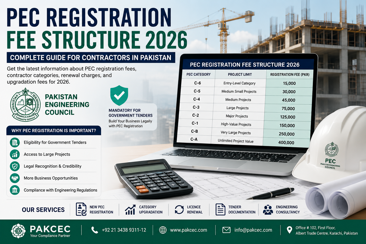 Contractor reviewing PEC registration fee structure and contractor categories for 2026 in Pakistan.