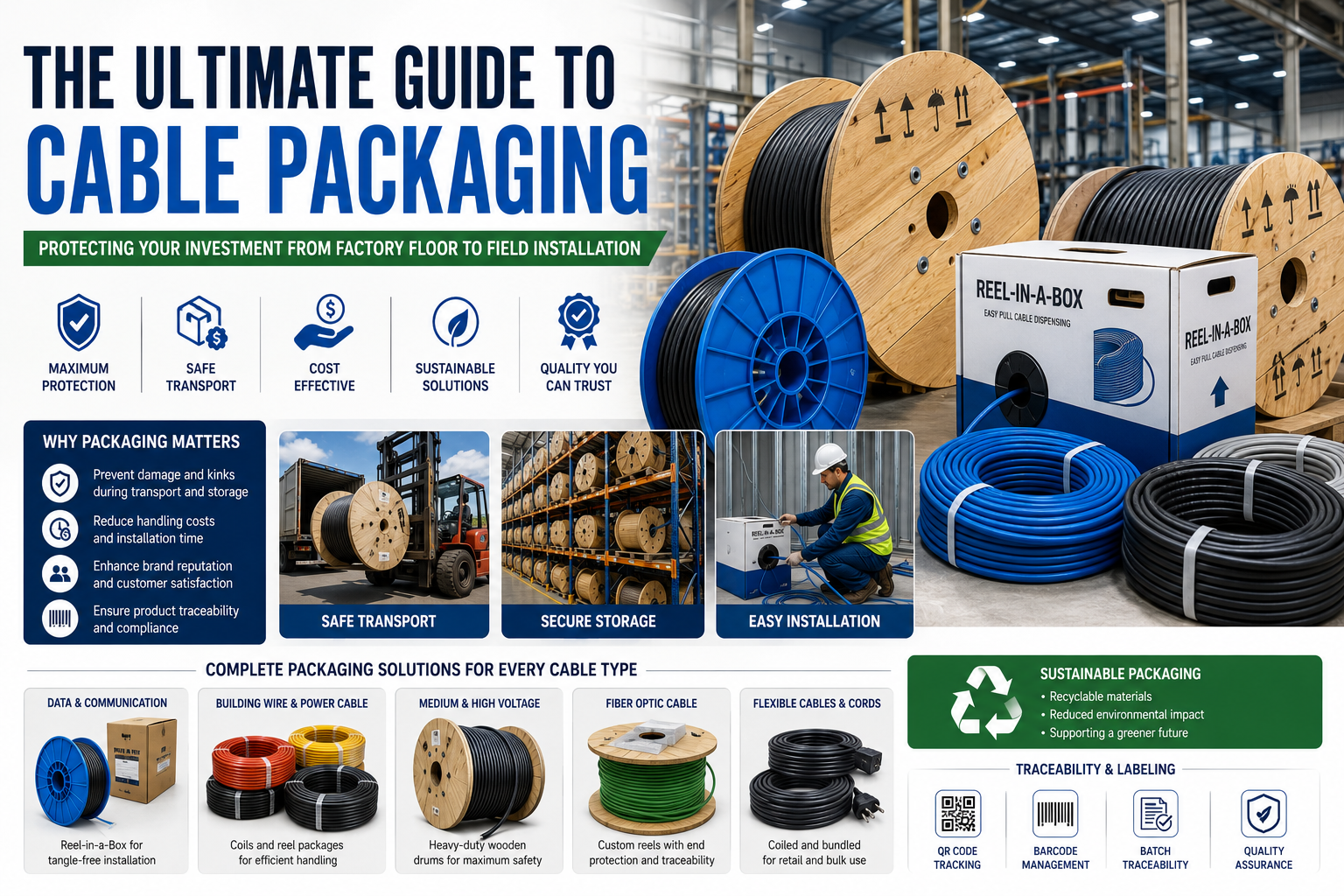 "Industrial cable packaging solutions including cable drums, plastic reels, reel-in-box packaging, traceability labels, and sustainable packaging for electrical cable manufacturers."
