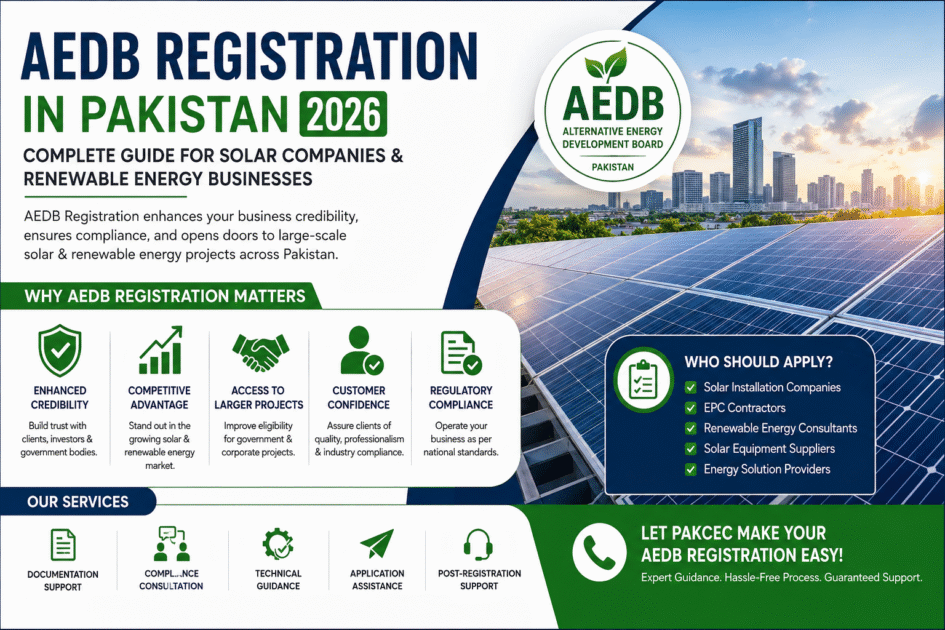 AEDB Registration in Pakistan 2026 infographic featuring solar panels, renewable energy infrastructure, and key benefits of AEDB registration for solar companies, EPC contractors, and renewable energy businesses, including credibility, compliance, project eligibility, and business growth opportunities