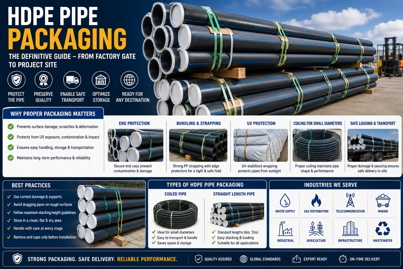 "HDPE pipes securely bundled with protective end caps, PP strapping, UV-resistant wrapping, and export-ready packaging for safe transport, storage, and infrastructure projects."