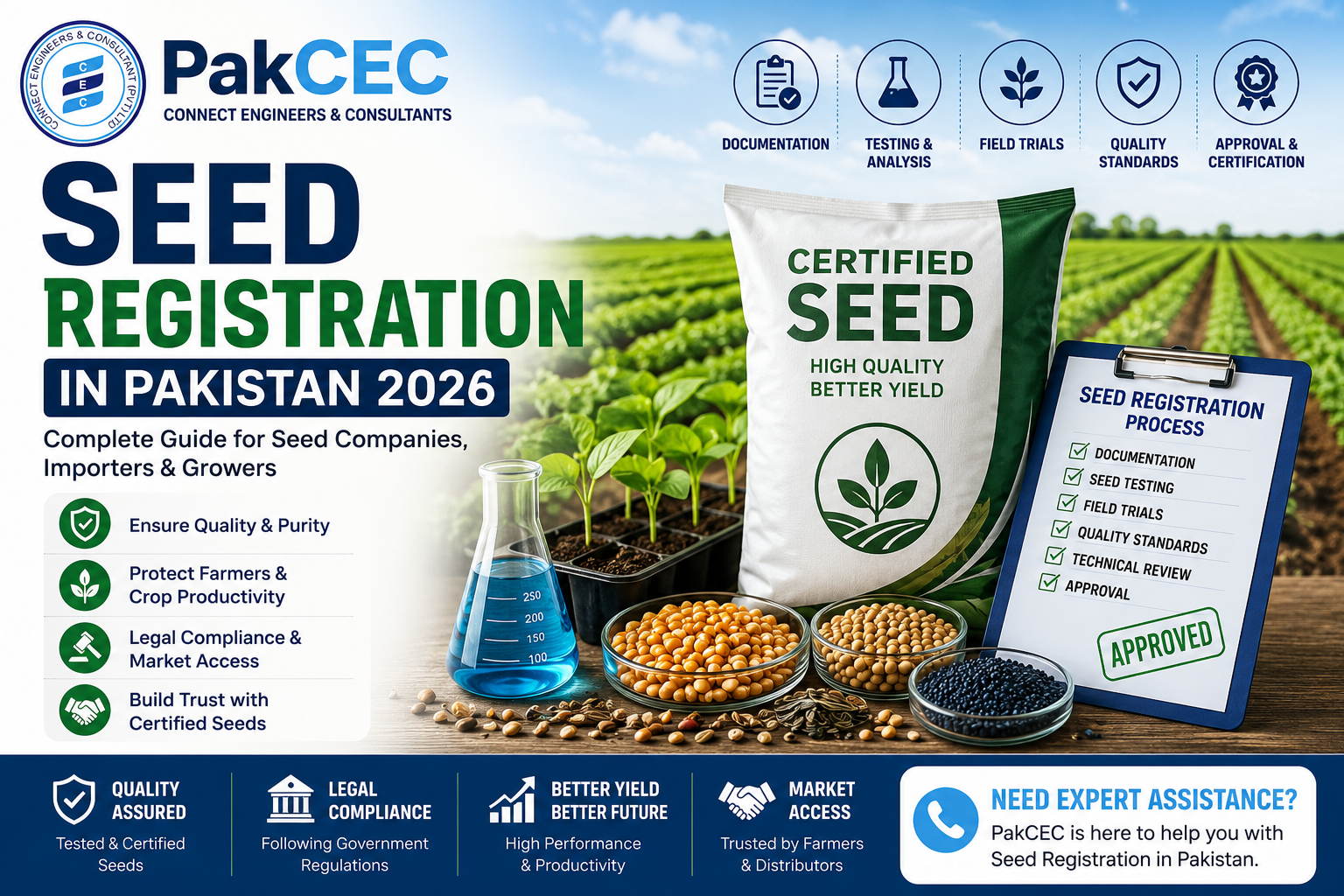 Seed registration process in Pakistan showing certified crop seeds, laboratory testing, agricultural compliance, and regulatory approval.