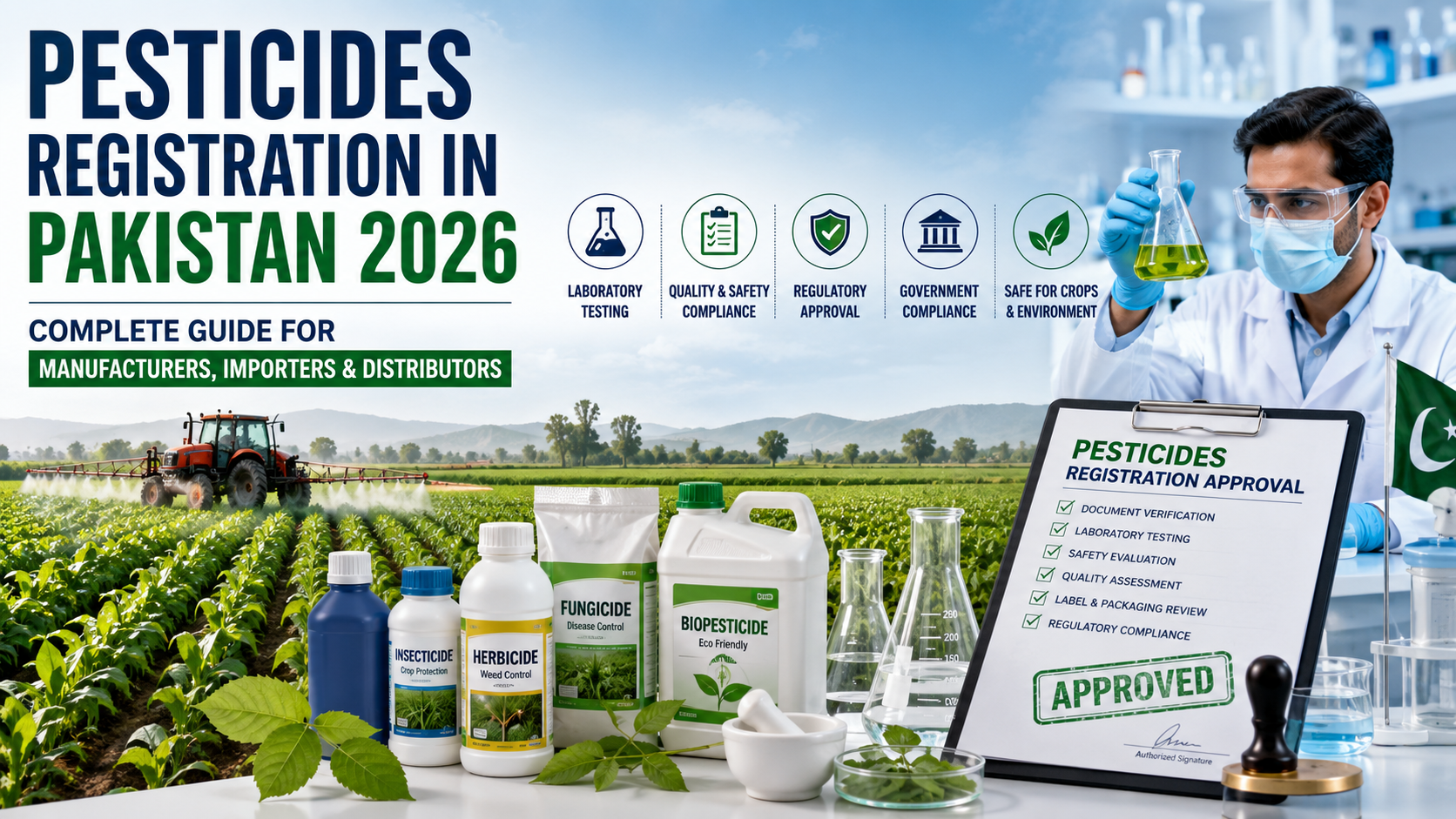 Pesticides registration process in Pakistan showing laboratory testing, crop protection products, regulatory approval, and agricultural compliance.