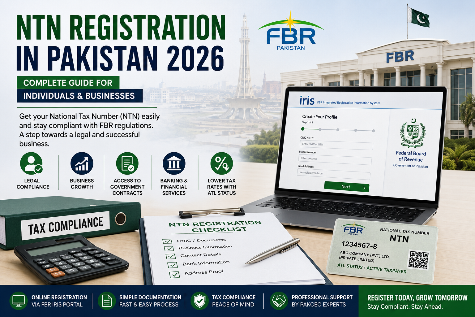 NTN registration process in Pakistan showing FBR tax registration, business documentation, online filing, and legal compliance.