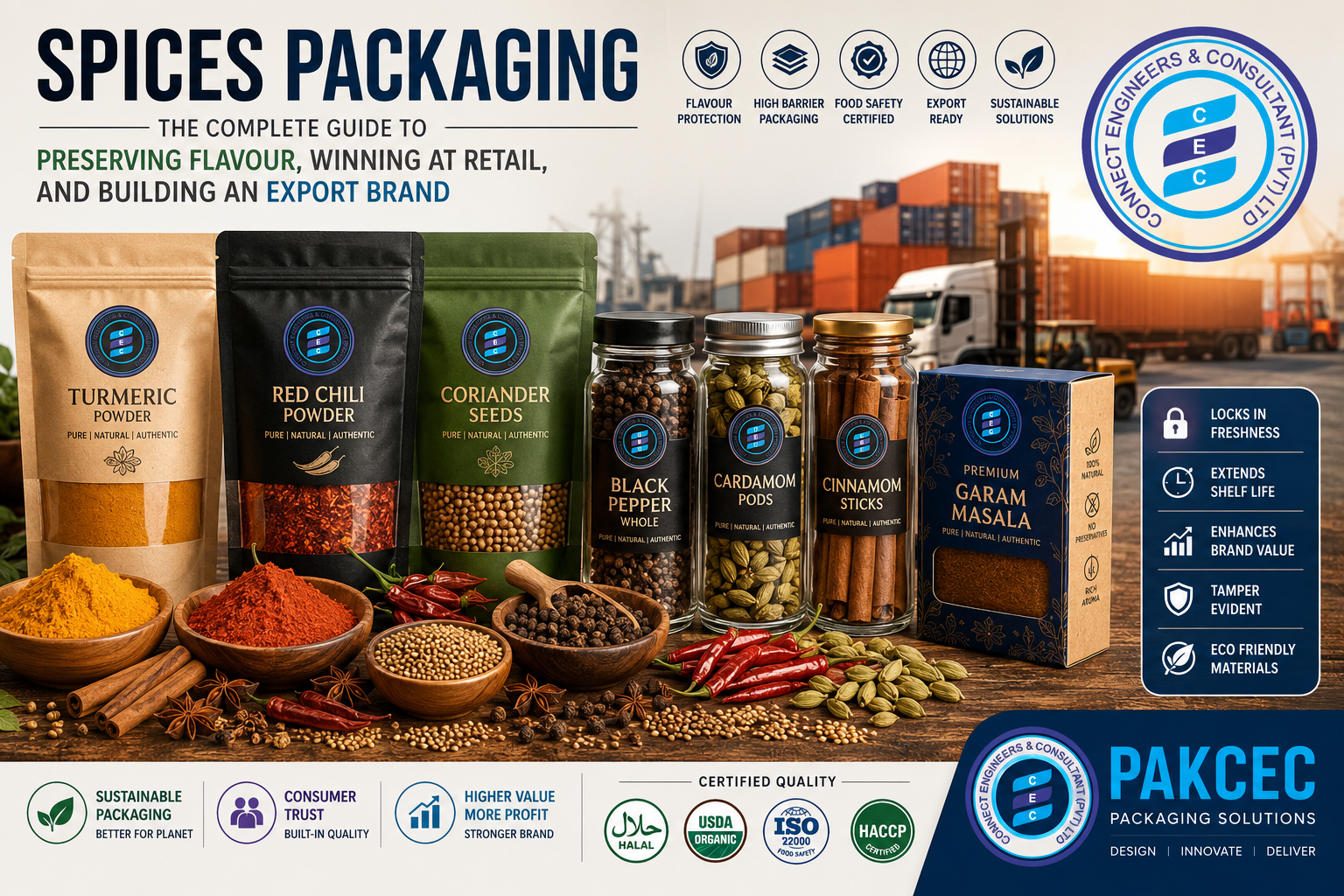 Premium spices packaging featuring stand-up pouches, glass spice jars, metal tins, export-ready packaging, colorful herbs and spices, and modern food packaging solutions for retail and international markets."